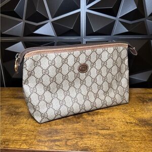 Gucci Beige and Brown Monogram Cosmetic Bag Pouch
